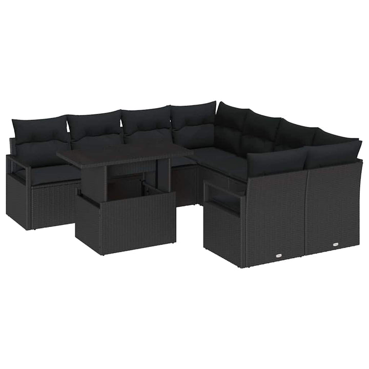 Havesofa Sæt med pude 9 pcs Sort polyrattan