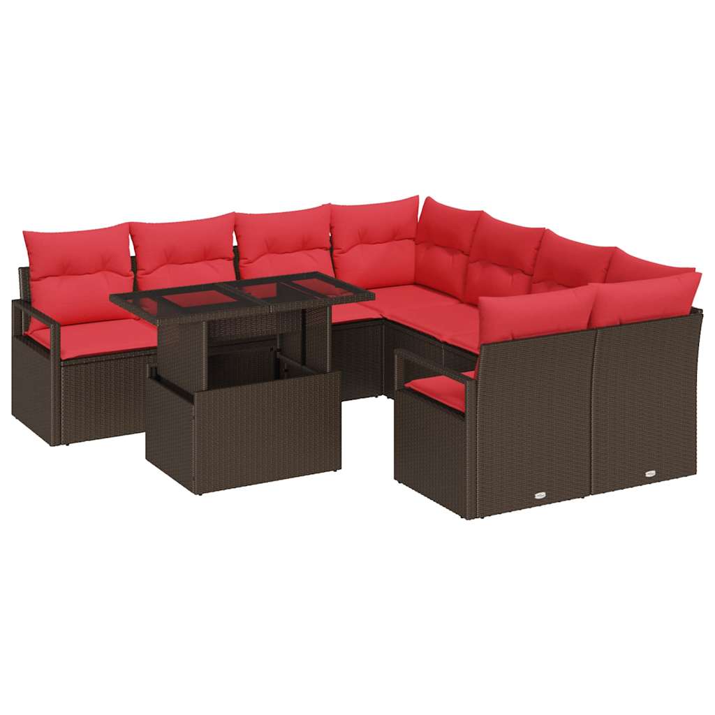 Havesofa Sæt med opbevaring 9 pcs Brun og Rød polyrattan