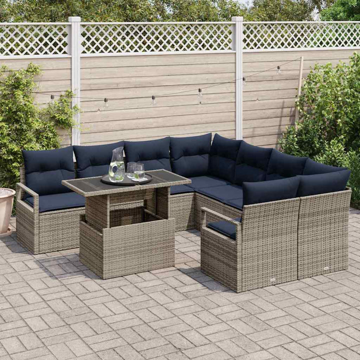 Havesofa Sæt 9 stk. 8-Antal sæder Grå og Marineblå polyrattan