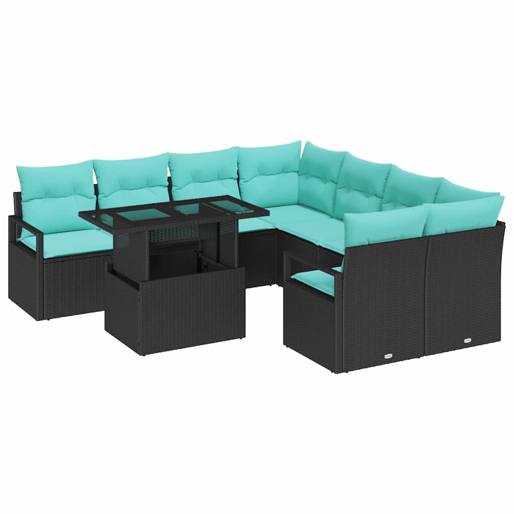 Havesofa Sæt med opbevaring 9 pcs Sort og Blå polyrattan