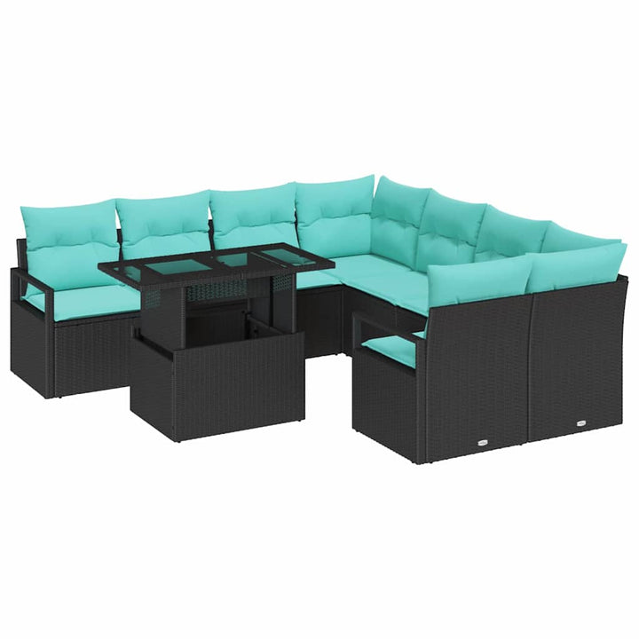 Havesofa Sæt med opbevaring 9 pcs Sort og Blå polyrattan