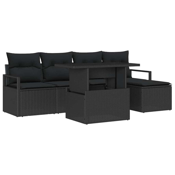 Havesofa Sæt med pude 6 pcs Sort polyrattan