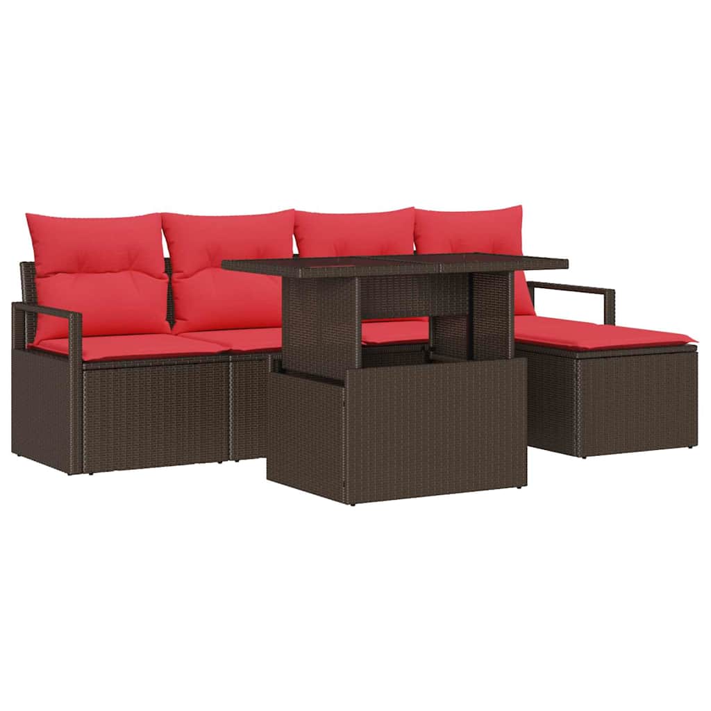 Havesofa Sæt med opbevaring 6 pcs Brun og Rød polyrattan