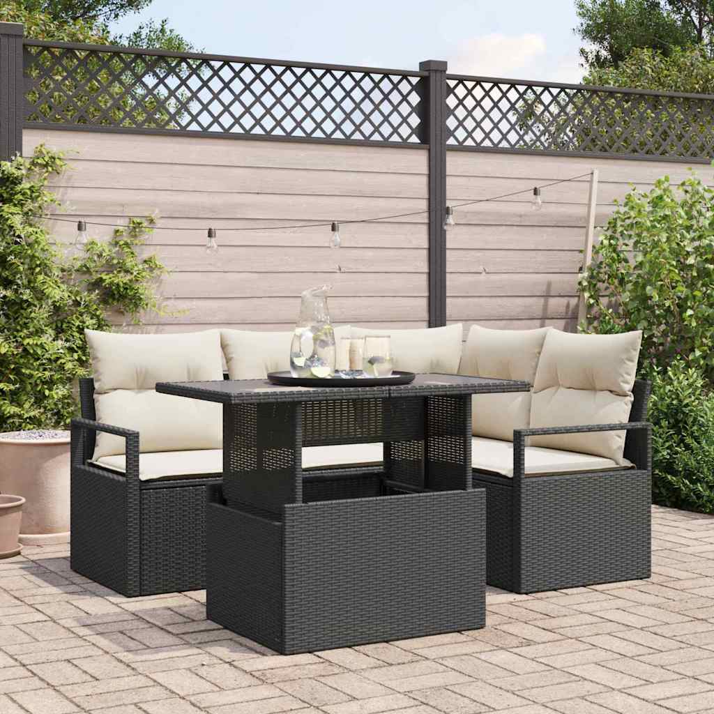 Havesofa Sæt med pude 5 pcs Sort og cremefarvet polyrattan