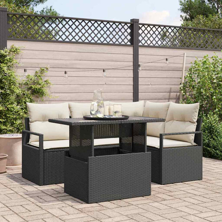 Havesofa Sæt med pude 5 pcs Sort og cremefarvet polyrattan