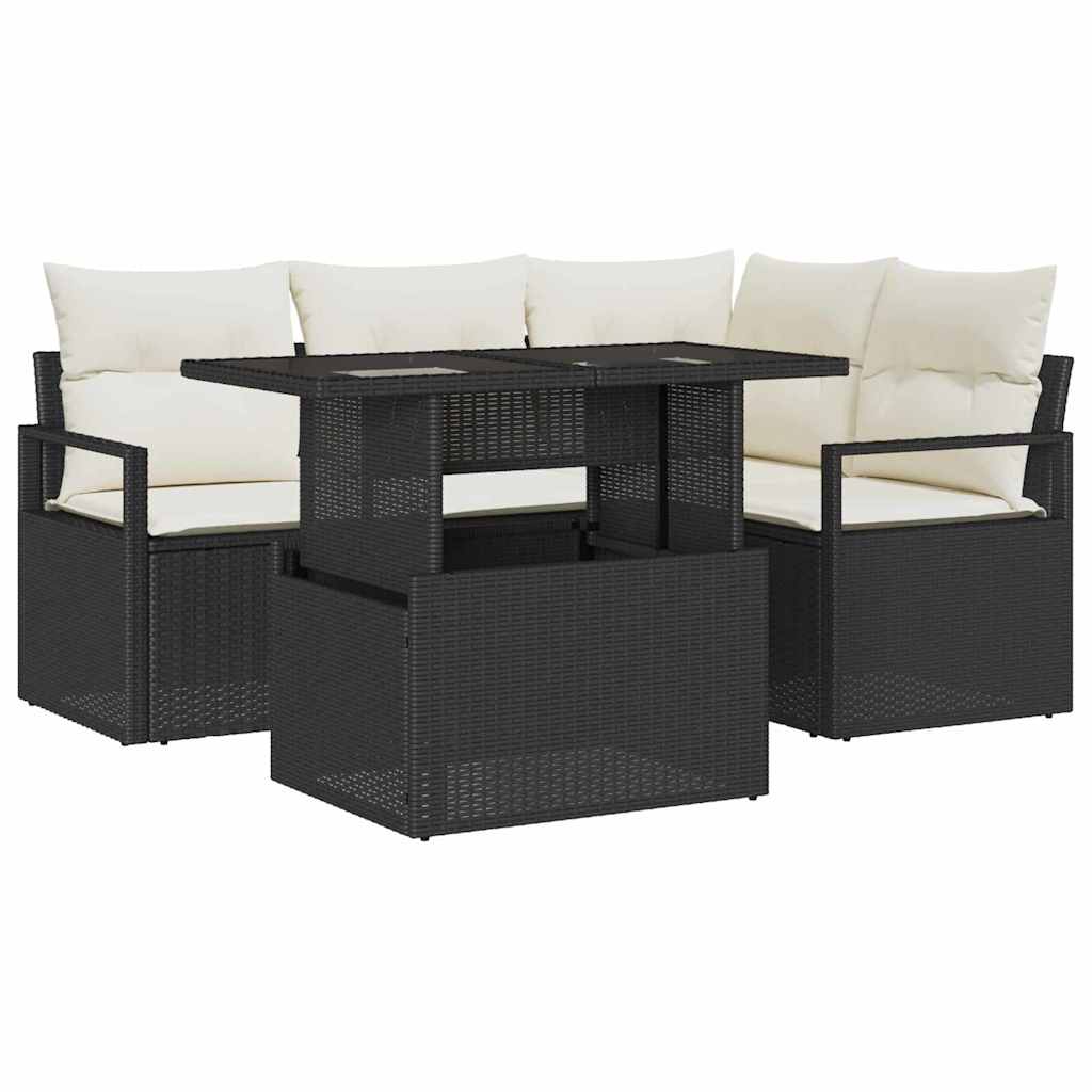 Havesofa Sæt med pude 5 pcs Sort og cremefarvet polyrattan