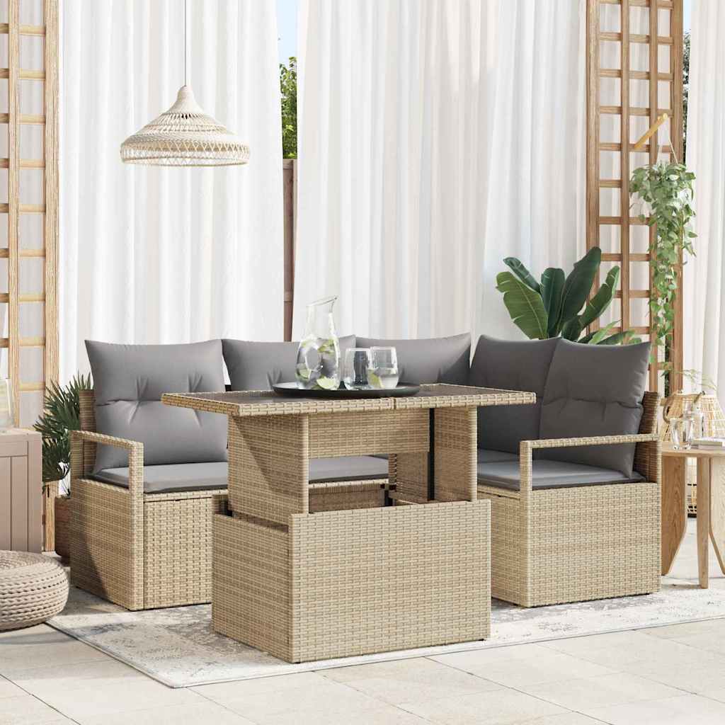 Havesofa Sæt med pude 5 pcs beige og lysegrå polyrattan