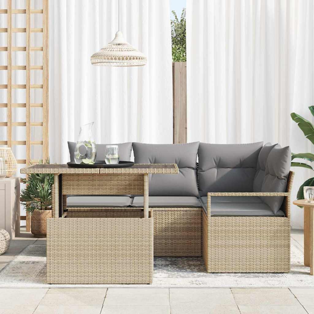 Havesofa Sæt med pude 5 pcs beige og lysegrå polyrattan