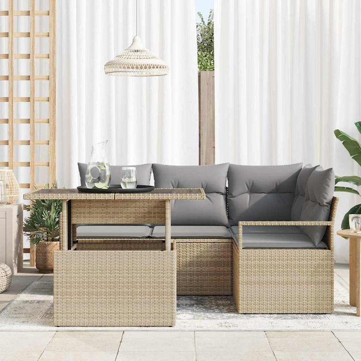 Havesofa Sæt med pude 5 pcs beige og lysegrå polyrattan