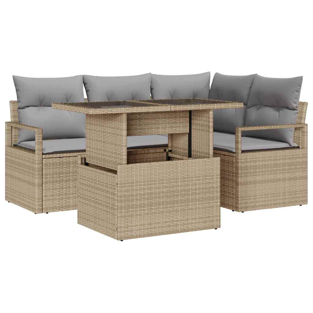 Havesofa Sæt med pude 5 pcs beige og lysegrå polyrattan