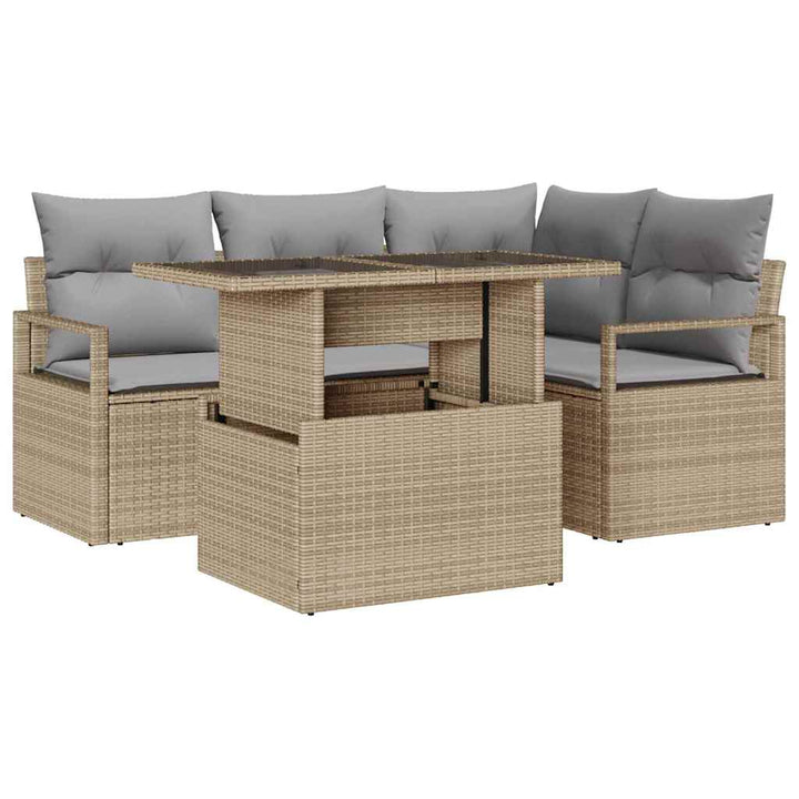 Havesofa Sæt med pude 5 pcs beige og lysegrå polyrattan