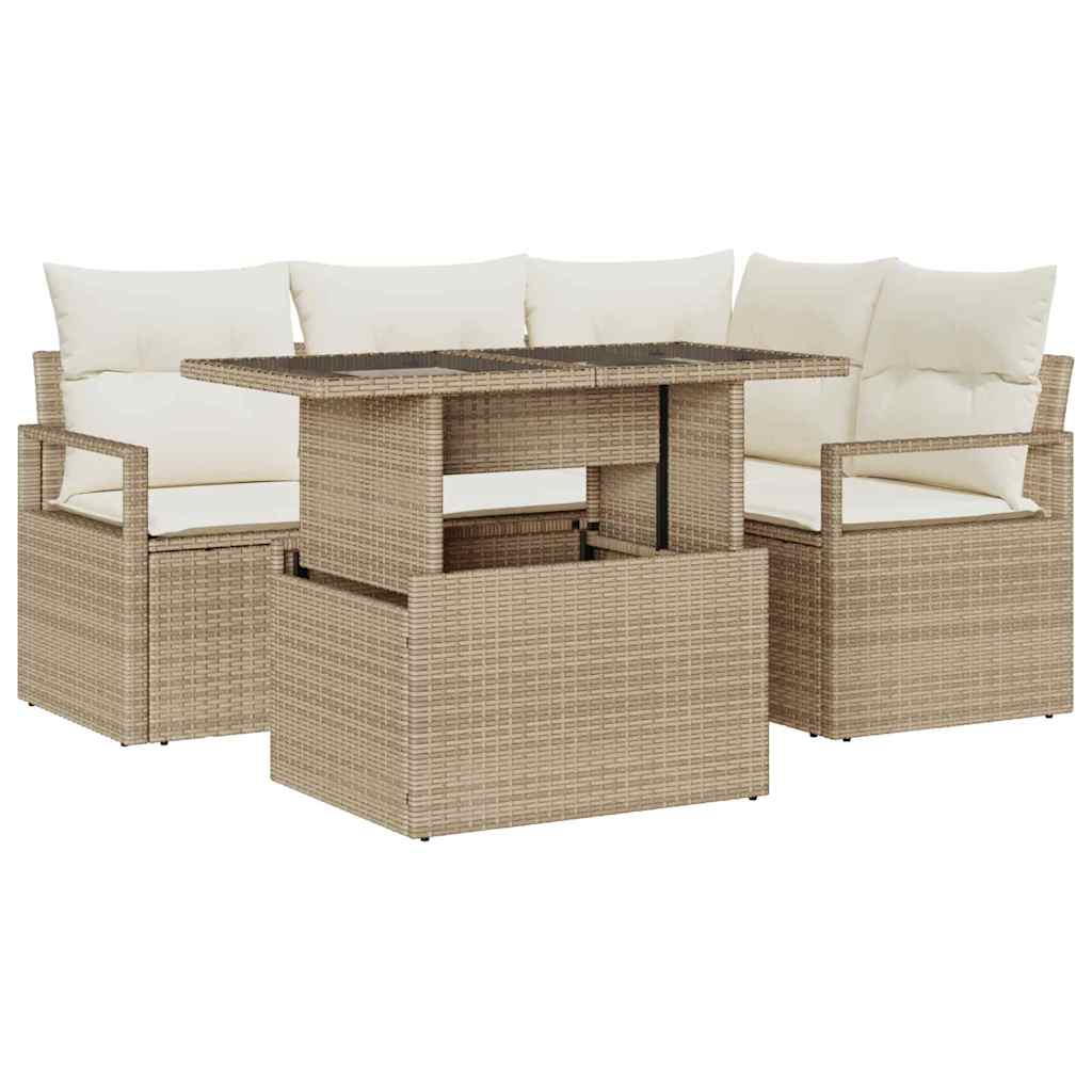 Havesofa Sæt med pude 5 pcs beige og cremefarvet polyrattan