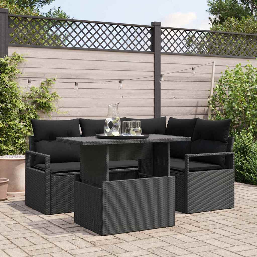 Havesofa Sæt med pude 5 pcs Sort polyrattan