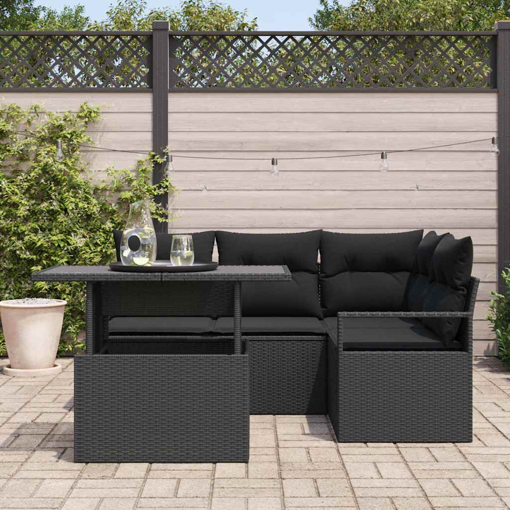Havesofa Sæt med pude 5 pcs Sort polyrattan