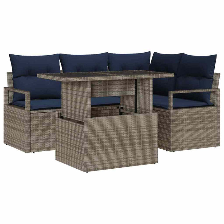 Havesofa Sæt med pude 5 pcs Grå og Marineblå polyrattan