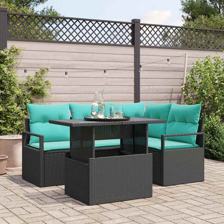Havesofa Sæt med pude 5 pcs Sort og blå polyrattan