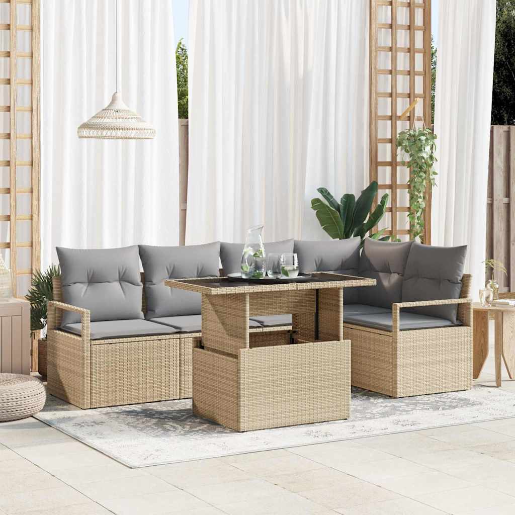 Havesofa Sæt med pude 6 pcs Beige og lys grå polyrattan