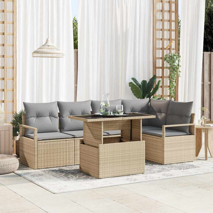 Havesofa Sæt med pude 6 pcs Beige og lys grå polyrattan
