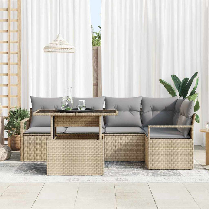 Havesofa Sæt med pude 6 pcs Beige og lys grå polyrattan
