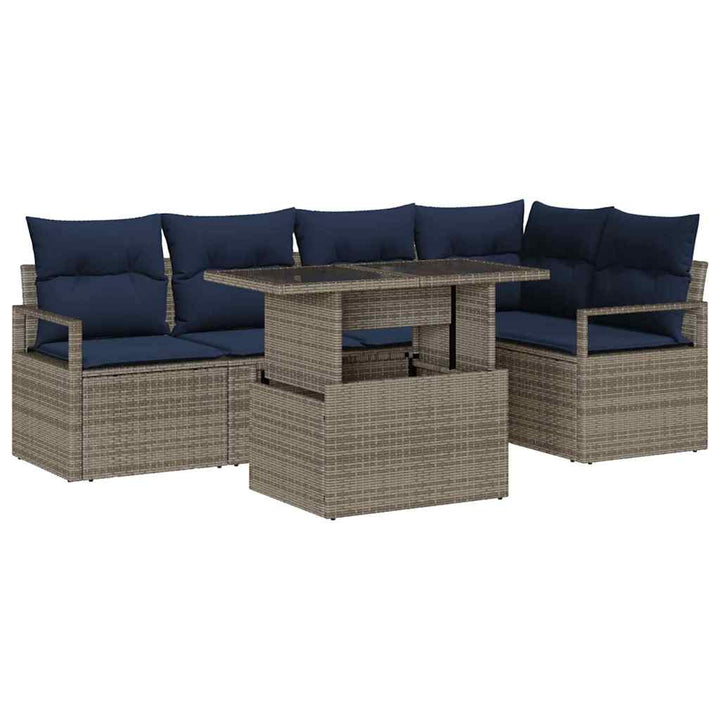 Havesofa Sæt med opbevaring 6 pcs Grå og Marineblå polyrattan