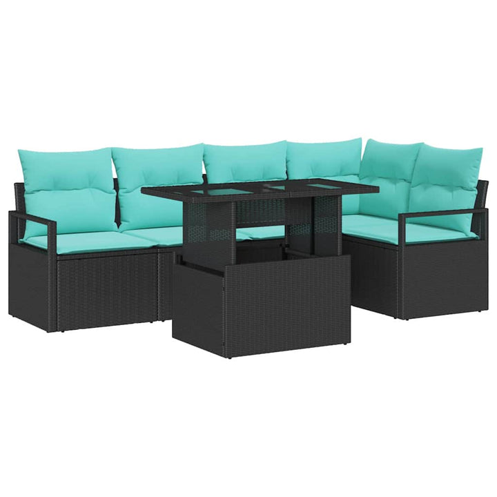 Havesofa Sæt med pude 6 pcs Sort og Blå polyrattan