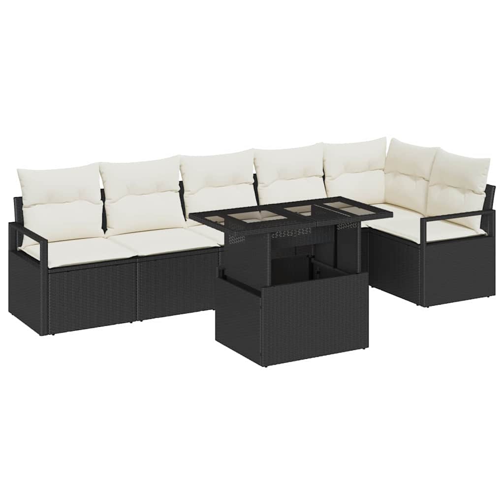 Havesofa Sæt med pude 7 pcs Sort Poly rattan