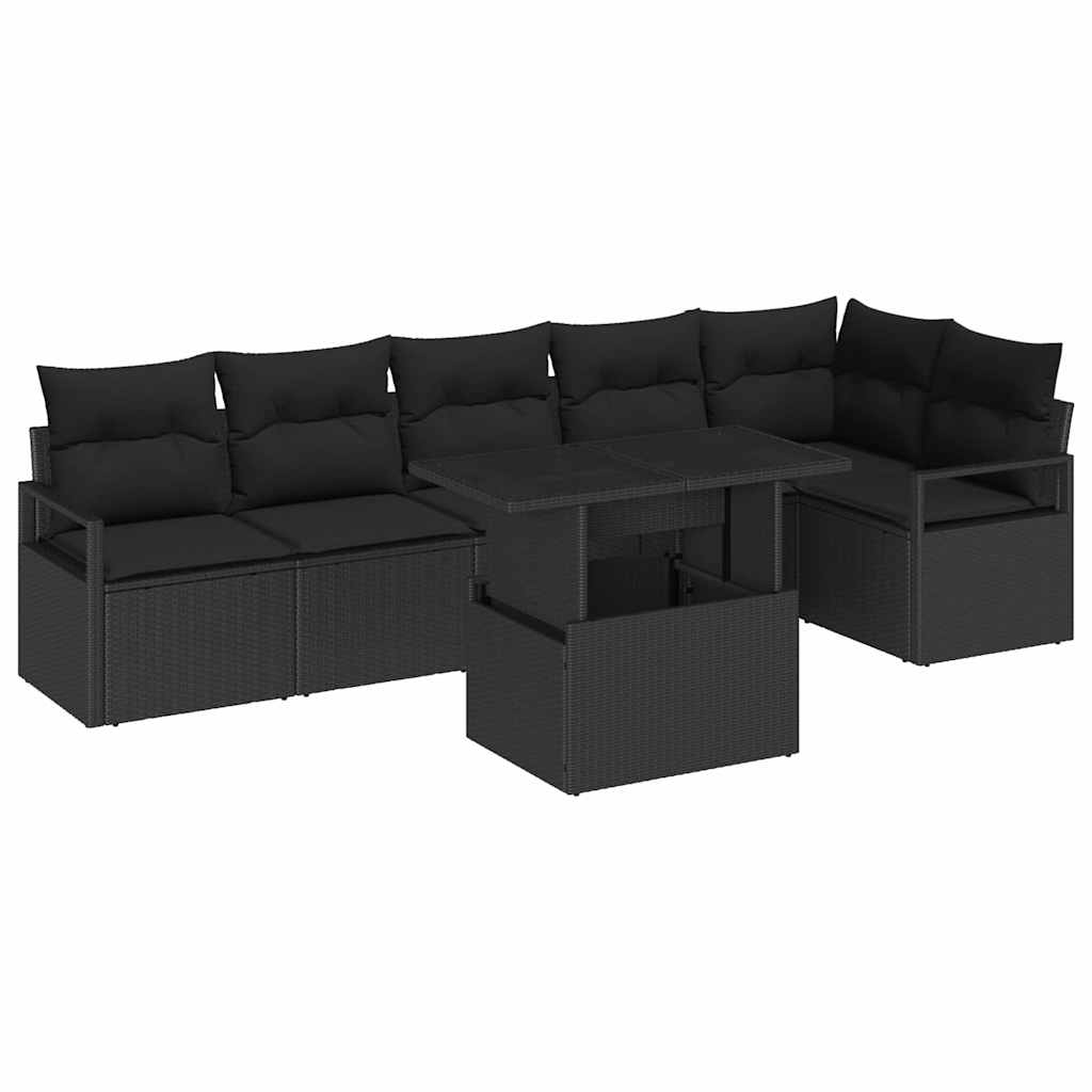 Havesofa Sæt med opbevaring 7 pcs Sort polyrattan