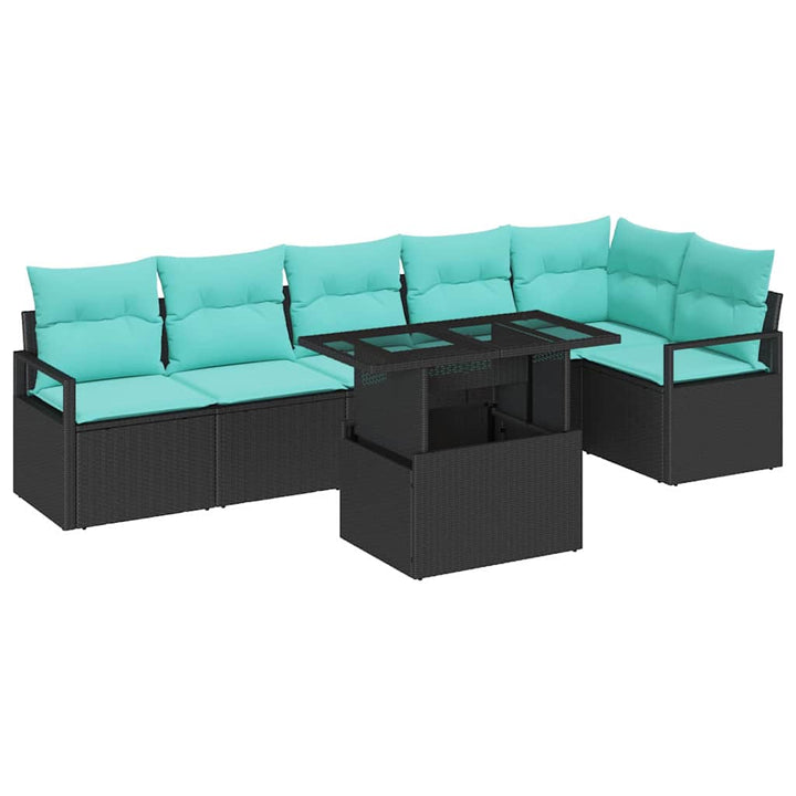 Havesofa Sæt med opbevaring 7 pcs Sort og Blå polyrattan