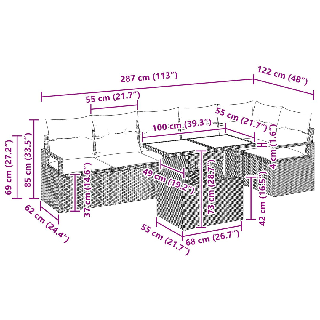 Havesofa Sæt med opbevaring 7 pcs Sort og Blå polyrattan