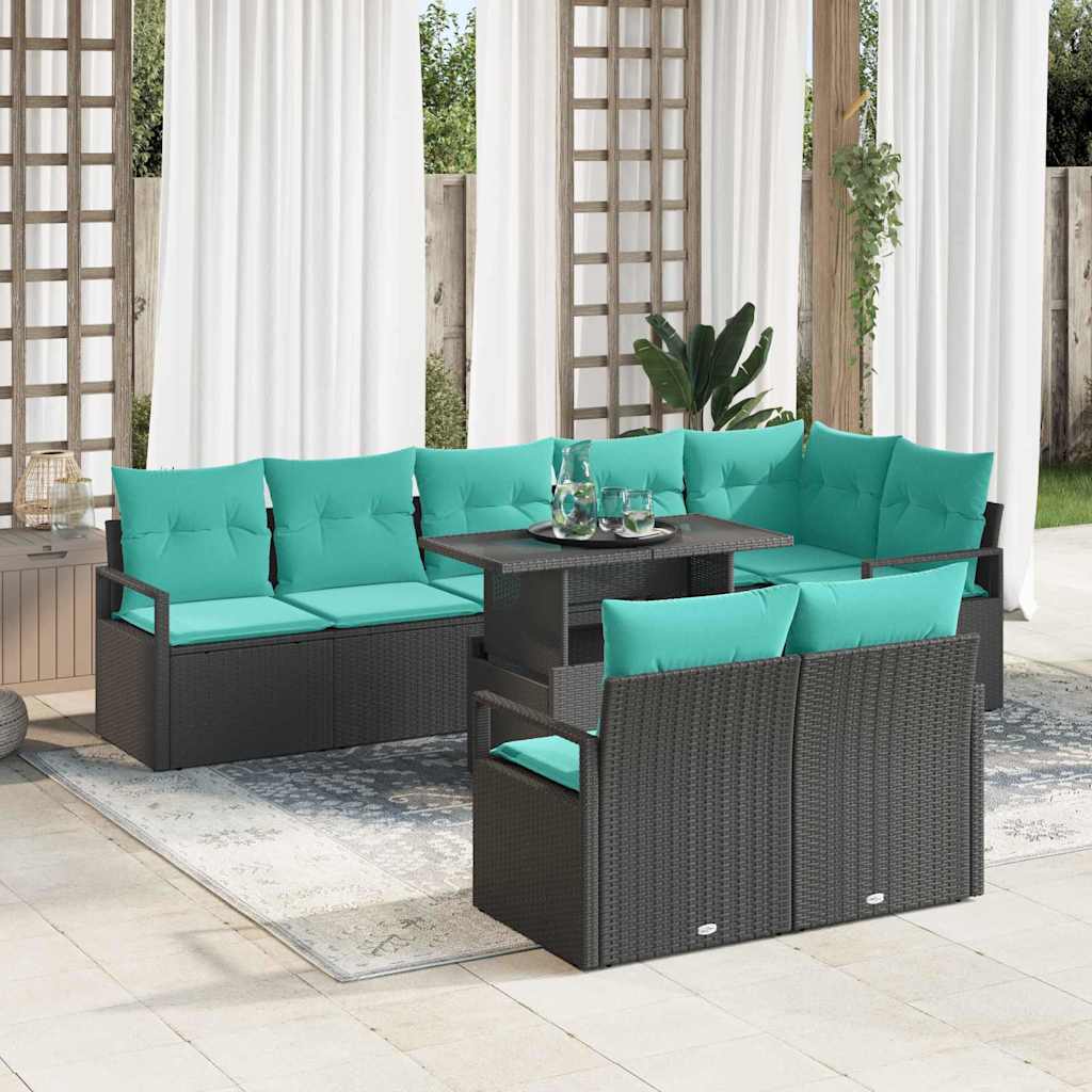 Havesofa Sæt med opbevaring 9 pcs Sort og Blå polyrattan