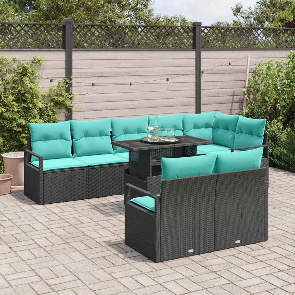 Havesofa Sæt med opbevaring 9 pcs Sort og Blå polyrattan
