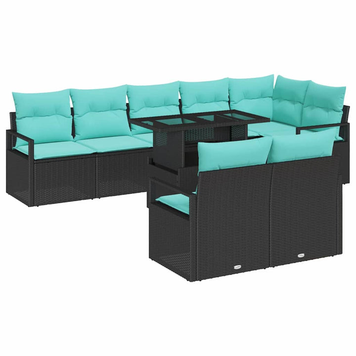 Havesofa Sæt med opbevaring 9 pcs Sort og Blå polyrattan