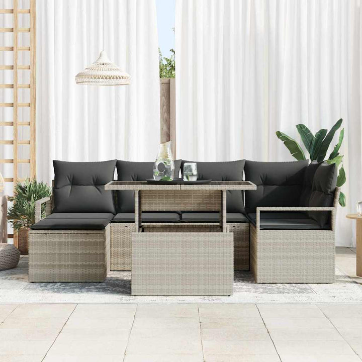 Havesofa Sæt 7 pcs Lysegrå Polyrattan og pulverlakeret stål