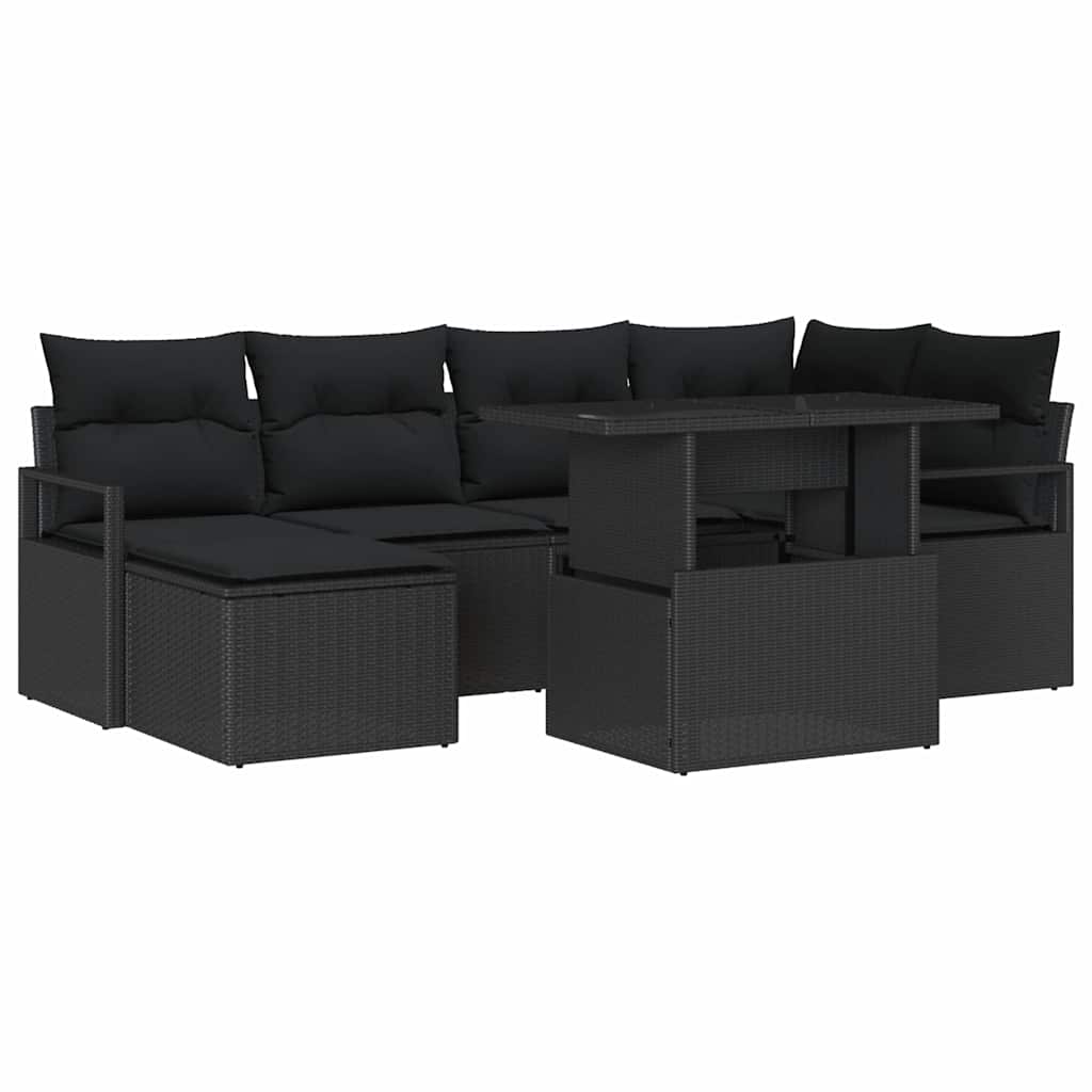 Havesofa Sæt 7 pcs Sort Polyrattan og pulverlakeret stål