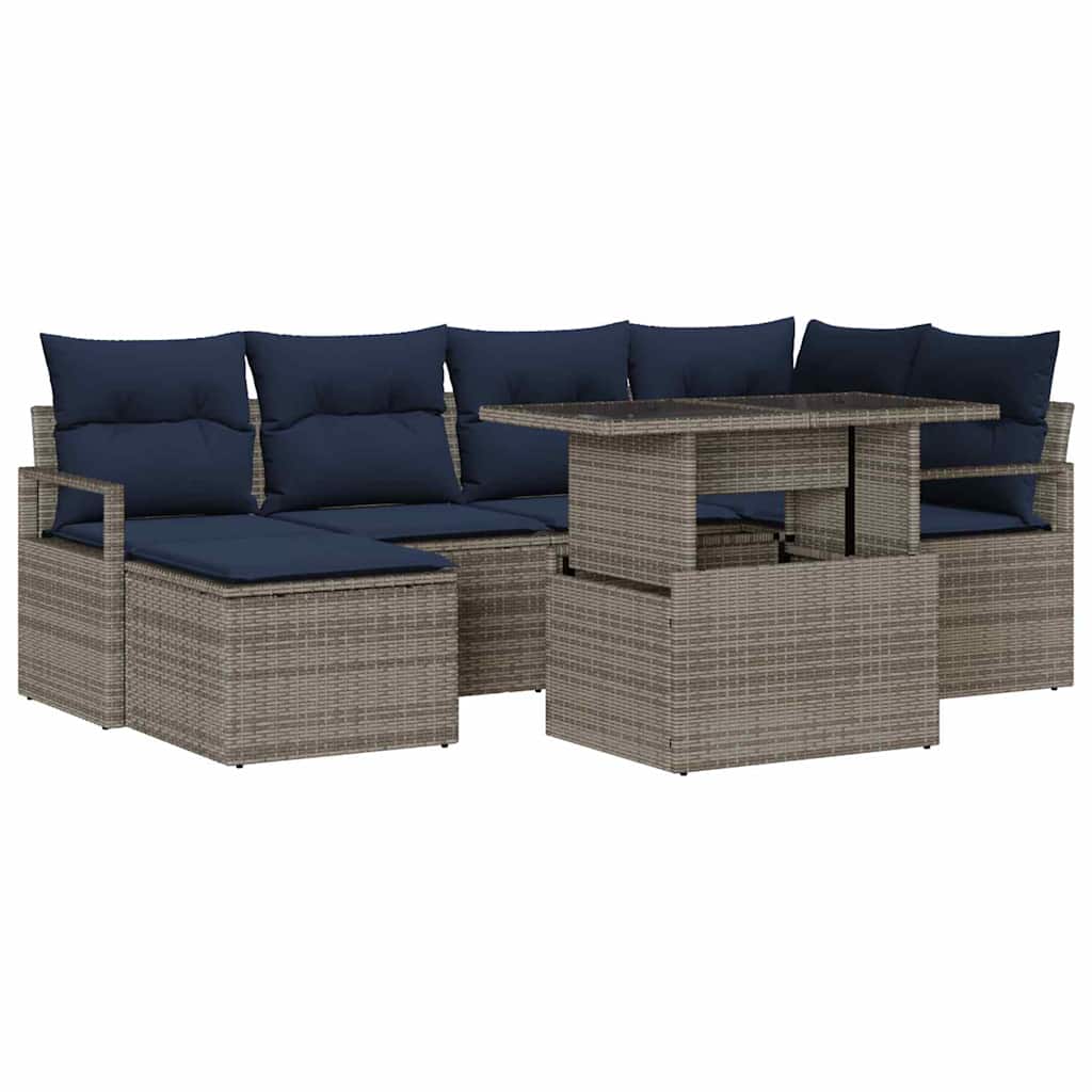 Havesofa Sæt med opbevaring 7 pcs Grå og Marineblå Poly rattan