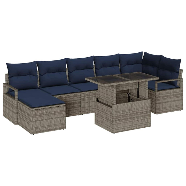 Havesofa Sæt med opbevaring 8 pcs Grå og Marineblå polyrattan