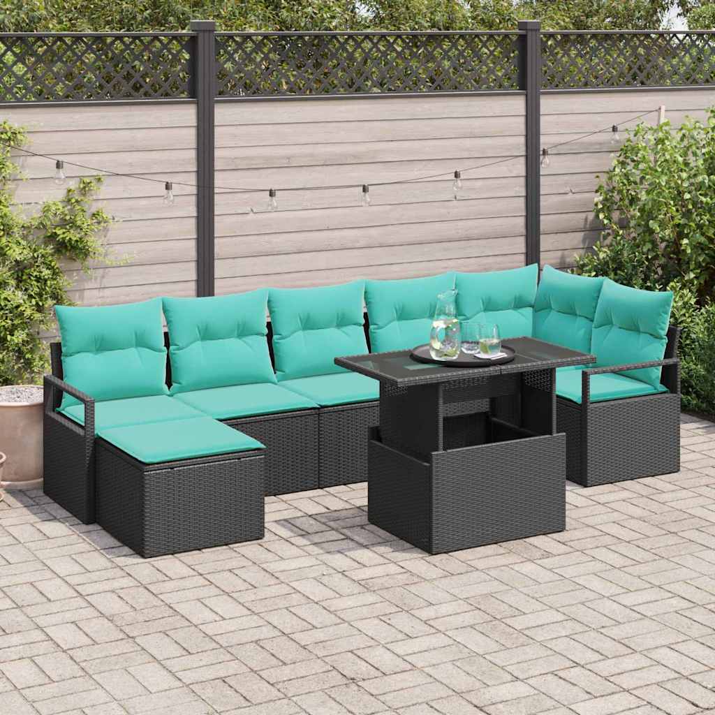 Havesofa Sæt med pude 8 pcs Sort og Blå polyrattan