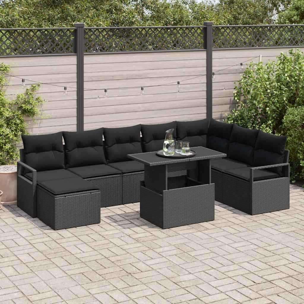 Havesofa Sæt 9 pcs Sort Polyrattan og pulverlakeret stål
