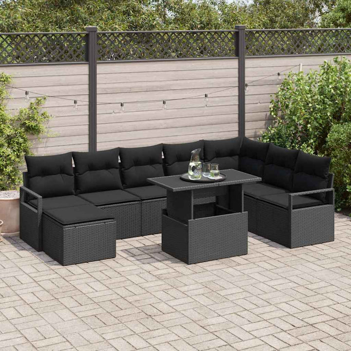 Havesofa Sæt 9 pcs Sort Polyrattan og pulverlakeret stål