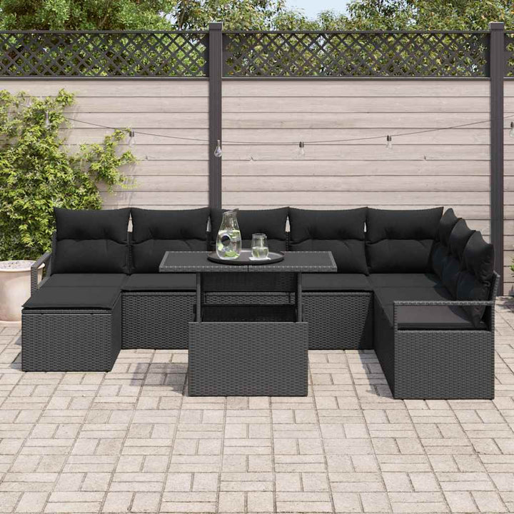 Havesofa Sæt 9 pcs Sort Polyrattan og pulverlakeret stål