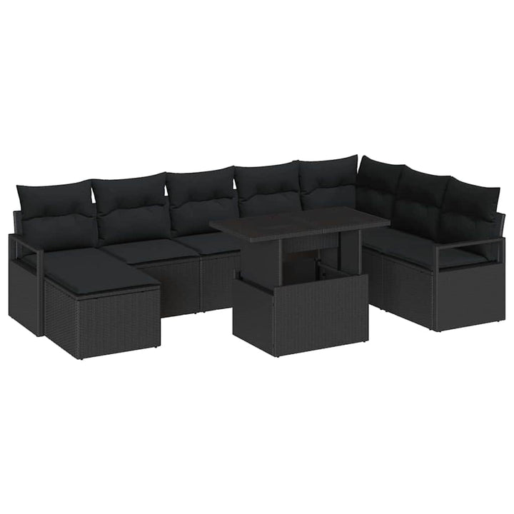 Havesofa Sæt 9 pcs Sort Polyrattan og pulverlakeret stål