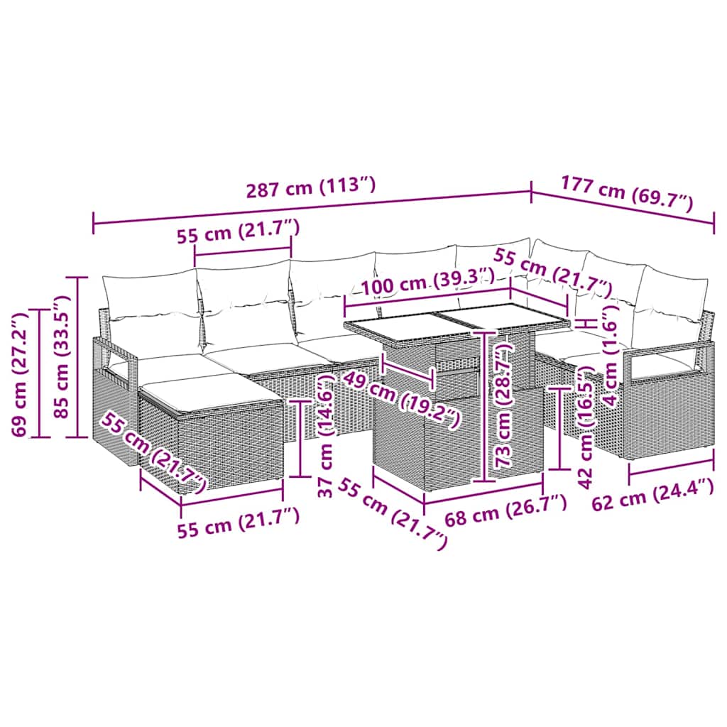 Havesofa Sæt 9 pcs Sort Polyrattan og pulverlakeret stål