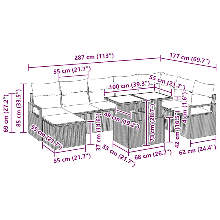 Havesofa Sæt 9 pcs Sort Polyrattan og pulverlakeret stål