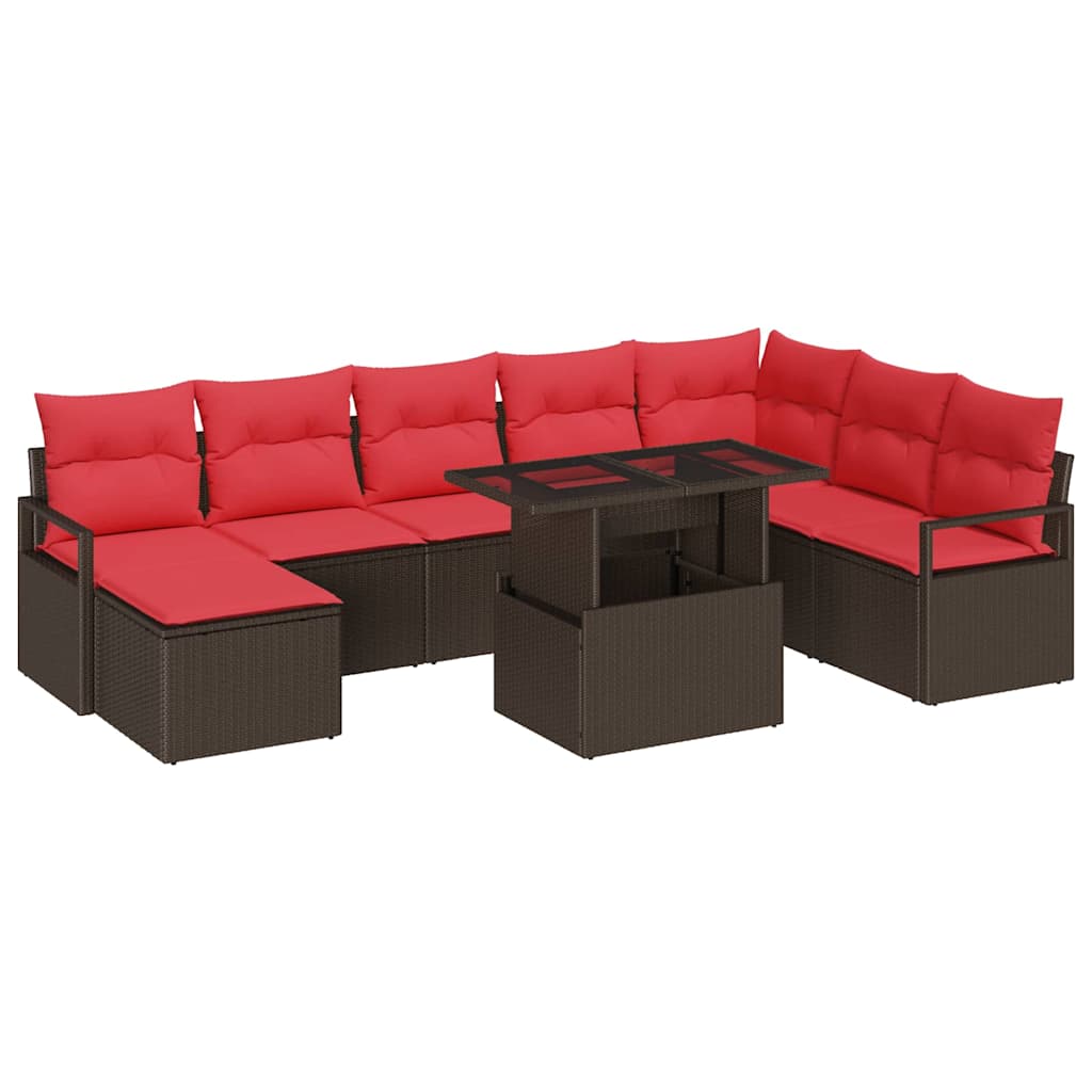 Havesofa Sæt med pude 9 pcs Brun og Rød polyrattan