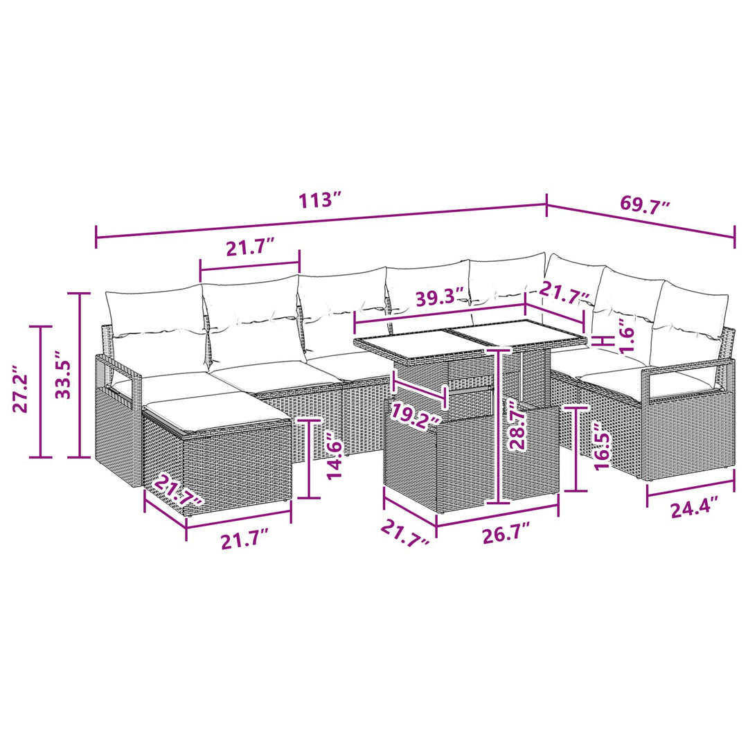 Havesofa Sæt med pude 9 pcs Brun og Rød polyrattan