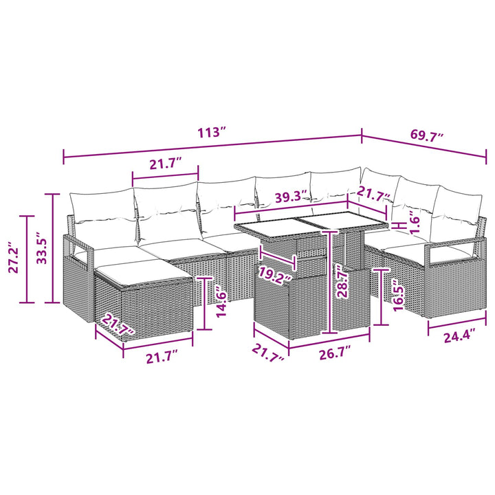 Havesofa Sæt med pude 9 pcs Brun og Rød polyrattan