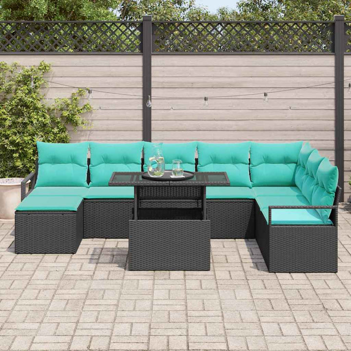 Havesofa Sæt 9 pcs Sort og blå Polyrattan og pulverlakeret stål