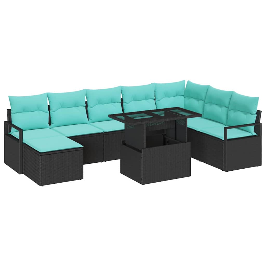 Havesofa Sæt 9 pcs Sort og blå Polyrattan og pulverlakeret stål
