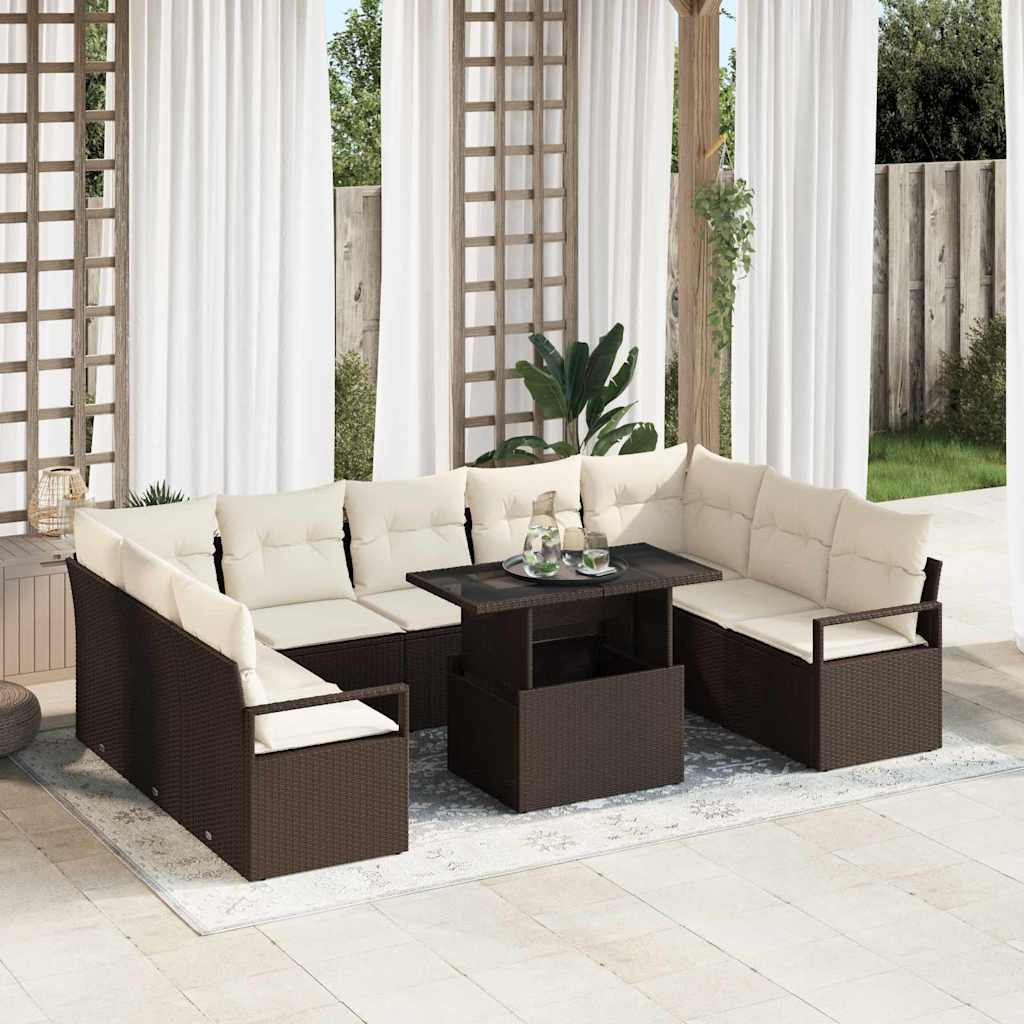 Havesofa Sæt med pude 10 pcs Brun og Creme polyrattan