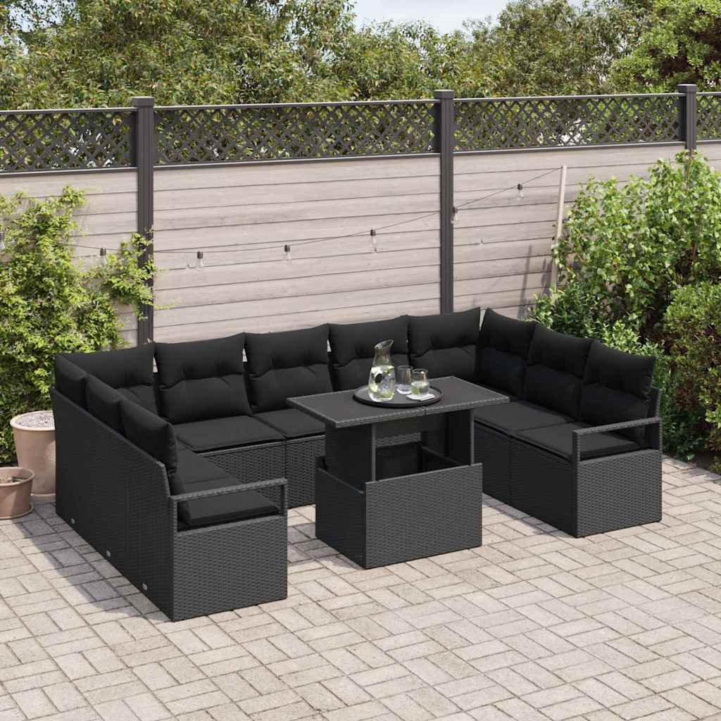 Havesofa Sæt med pude 10 pcs Sort polyrattan